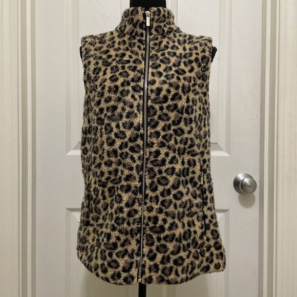 CALVIN KLEIN Sherpa Faux Fur‎ Vest Leopard Print Pockets Full Zip Women's Small - Picture 4 of 9